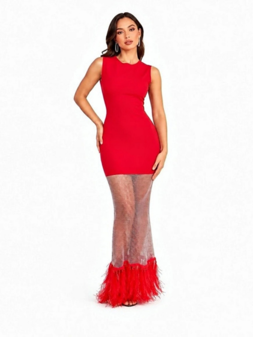 Red Sheer Mesh Feather Hem Maxi Dress